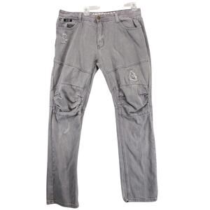 Contender Gray Wash Jeans Men's 36x32 Double Knee Distressed Mid-Rise Streetwear
